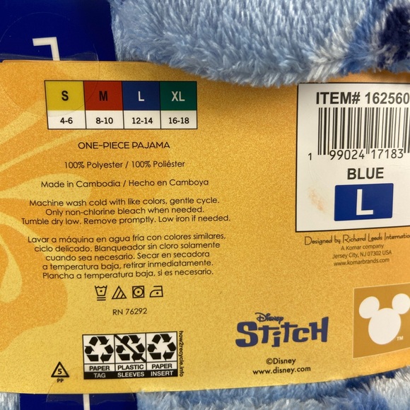 Disney Stitch One Piece Pajama Women’s Large Blue Plush Hooded Onesie NWT - Picture 5 of 7